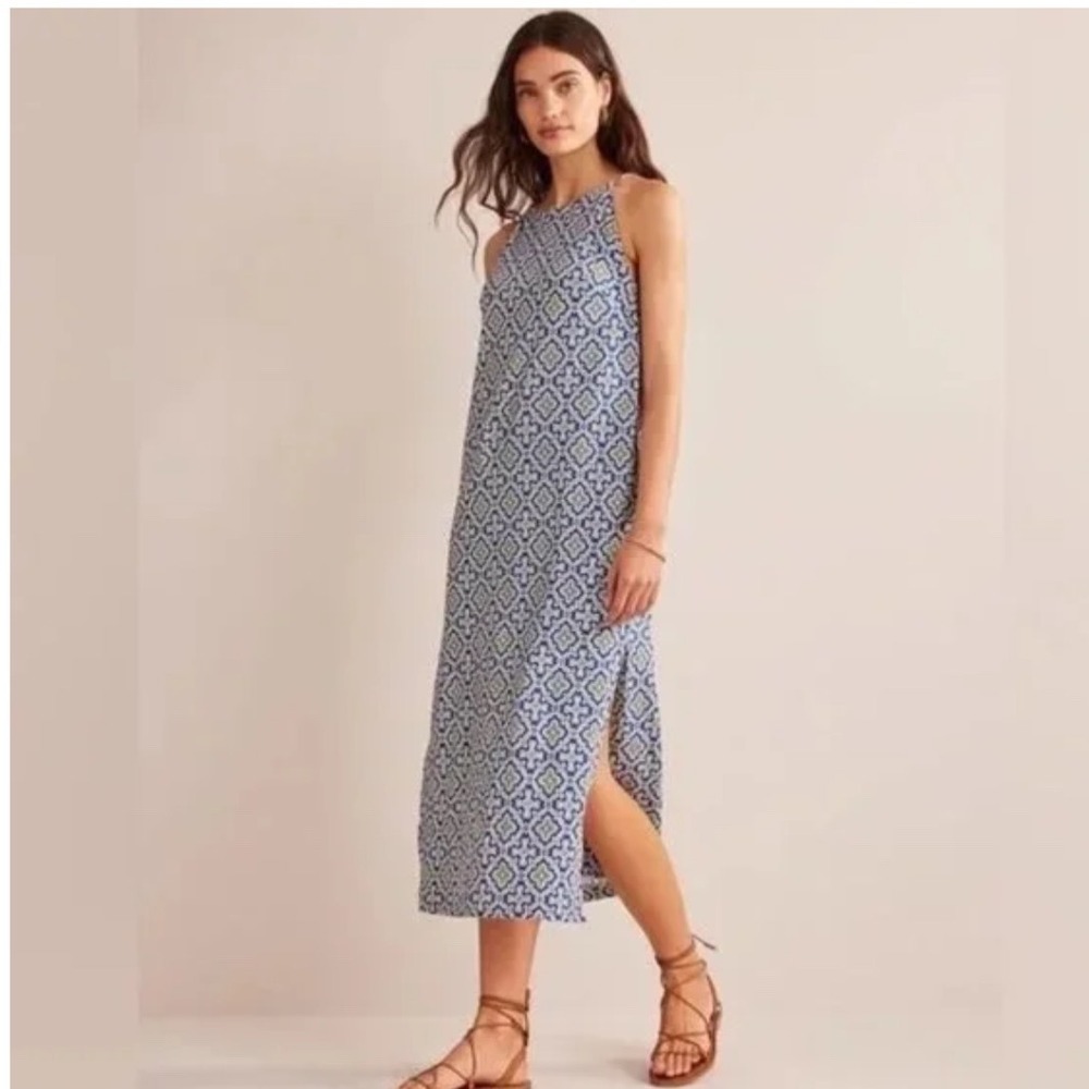 Boden Geometric Print racer back Halter Neck Midi Dress Blue White Green Size 6R - Picture 2 of 8